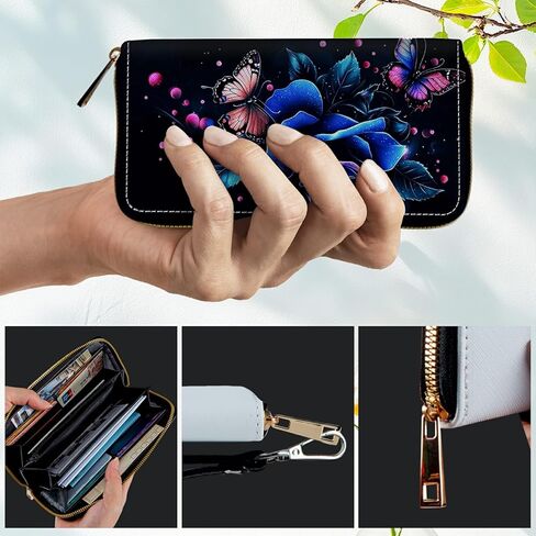 محفظة نسائية بحجب RFID من جلد البولي يوريثان، حقيبة معصم رفيعة ثنائية الطي بسعة كبيرة، 16 فتحة للبطاقات وجيب محفظة للعملات المعدنية بسحاب للسيدات، محفظة معصم للسفر، ورود زرقاء in Kuwait