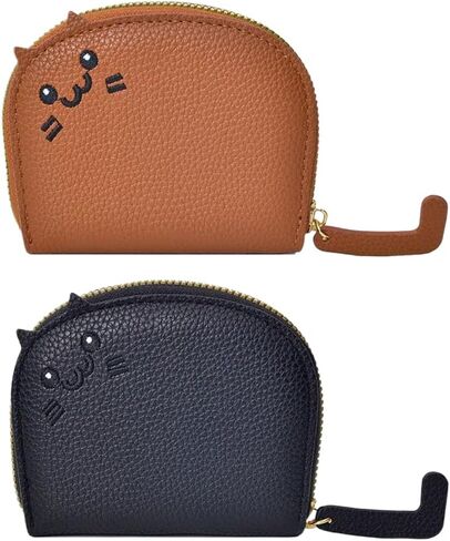 2Pcs Black and Caramel Compact Chic Genuine Leather Cat Design Wallet Secure Zipper Polyester Lined Coin Purse and Sleek Card Holder in Saudi Arabia