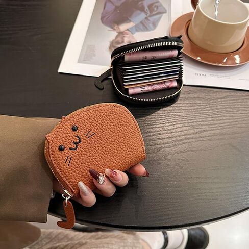 2Pcs Black and Caramel Compact Chic Genuine Leather Cat Design Wallet Secure Zipper Polyester Lined Coin Purse and Sleek Card Holder in Saudi Arabia