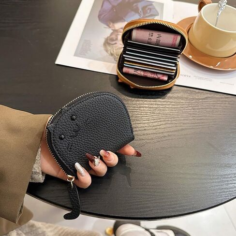 2Pcs Black and Caramel Compact Chic Genuine Leather Cat Design Wallet Secure Zipper Polyester Lined Coin Purse and Sleek Card Holder in Saudi Arabia
