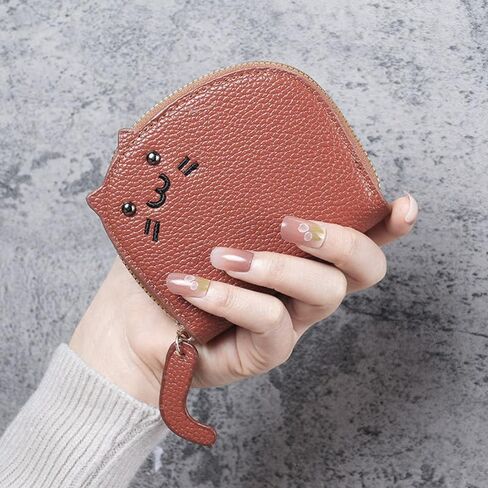 2Pcs Black and Caramel Compact Chic Genuine Leather Cat Design Wallet Secure Zipper Polyester Lined Coin Purse and Sleek Card Holder in Saudi Arabia