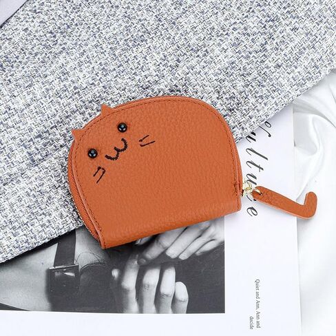 2Pcs Black and Caramel Compact Chic Genuine Leather Cat Design Wallet Secure Zipper Polyester Lined Coin Purse and Sleek Card Holder in Saudi Arabia