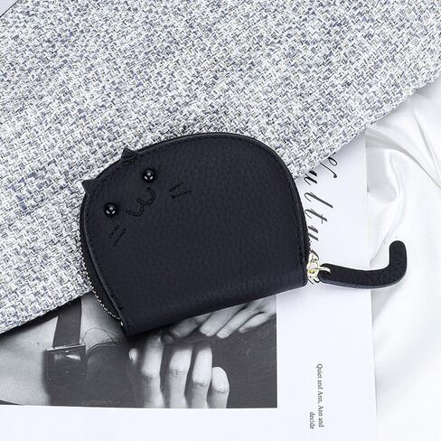 2Pcs Black and Caramel Compact Chic Genuine Leather Cat Design Wallet Secure Zipper Polyester Lined Coin Purse and Sleek Card Holder in Saudi Arabia