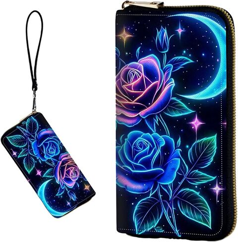 Women's RFID Blocking Wallet PU Leather Slim Bifold Wristlet Clutch with Large Capacity,16 Card Slots & Zipper Coin Purse Pocket Ladies Travel Purse Wristlet,Blue Roses in Kuwait