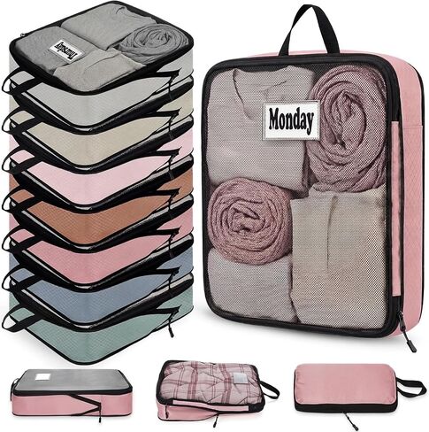 7 Pcs Packing Cubes for Travel Large Days of Week Compression Packing Cube with Labels Luggage Organizers Storage Bag(Multicolor) in Saudi Arabia