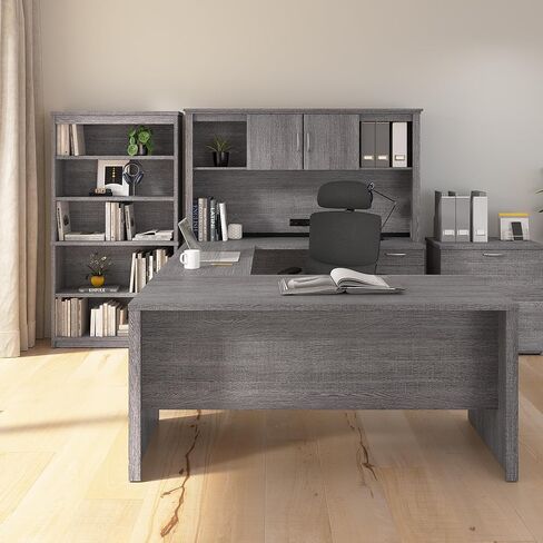مكتب على شكل حرف U من Bestar Logan مع خزانة وخزانة ملفات جانبية وخزانة كتب باللون الرمادي اللحاء، 66 وات | تجهيزات مكتبية كاملة للمساحات المنزلية أو التجارية in Kuwait