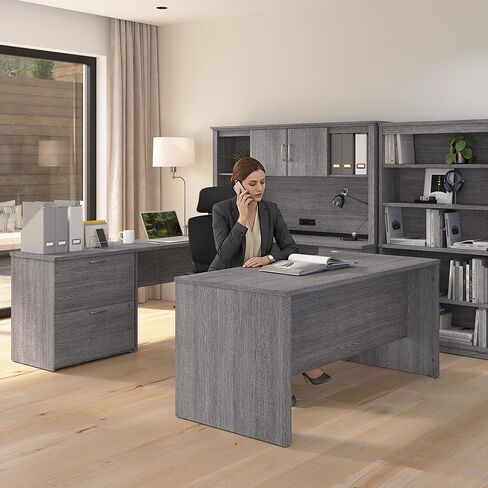 مكتب على شكل حرف U من Bestar Logan مع خزانة وخزانة ملفات جانبية وخزانة كتب باللون الرمادي اللحاء، 66 وات | تجهيزات مكتبية كاملة للمساحات المنزلية أو التجارية in Kuwait
