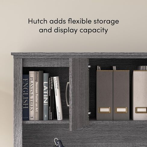 مكتب على شكل حرف U من Bestar Logan مع خزانة وخزانة ملفات جانبية وخزانة كتب باللون الرمادي اللحاء، 66 وات | تجهيزات مكتبية كاملة للمساحات المنزلية أو التجارية in Kuwait