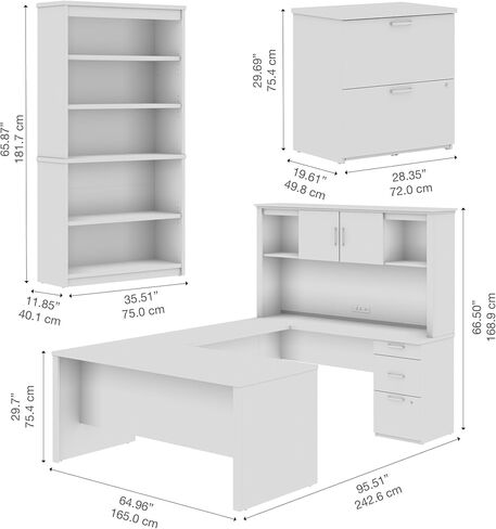 مكتب على شكل حرف U من Bestar Logan مع خزانة وخزانة ملفات جانبية وخزانة كتب باللون الرمادي اللحاء، 66 وات | تجهيزات مكتبية كاملة للمساحات المنزلية أو التجارية in Kuwait