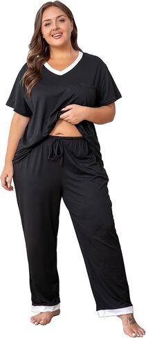 Vozanet Pajama Sets for Women Short Sleeve Long Pants Sleepwear V Neck Chest Pocket PJS Plus Size Drawstring Loungewear in Saudi Arabia