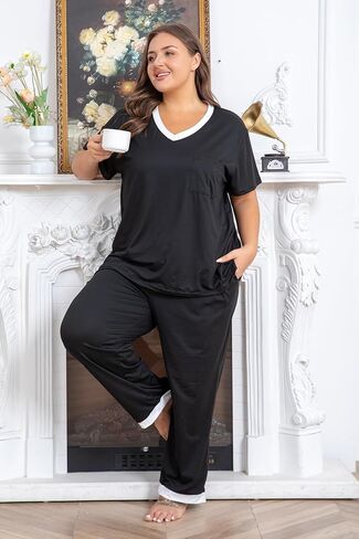 Vozanet Pajama Sets for Women Short Sleeve Long Pants Sleepwear V Neck Chest Pocket PJS Plus Size Drawstring Loungewear in Saudi Arabia