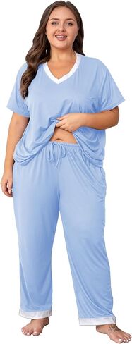 Vozanet Pajama Sets for Women Short Sleeve Long Pants Sleepwear V Neck Chest Pocket PJS Plus Size Drawstring Loungewear in Saudi Arabia