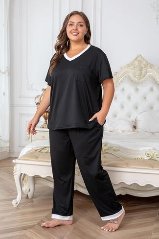 Vozanet Pajama Sets for Women Short Sleeve Long Pants Sleepwear V Neck Chest Pocket PJS Plus Size Drawstring Loungewear in Saudi Arabia