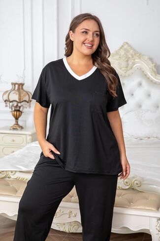 Vozanet Pajama Sets for Women Short Sleeve Long Pants Sleepwear V Neck Chest Pocket PJS Plus Size Drawstring Loungewear in Saudi Arabia