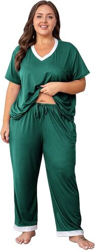 Vozanet Pajama Sets for Women Short Sleeve Long Pants Sleepwear V Neck Chest Pocket PJS Plus Size Drawstring Loungewear in Saudi Arabia