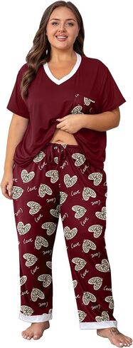 Vozanet Pajama Sets for Women Short Sleeve Long Pants Sleepwear V Neck Chest Pocket PJS Plus Size Drawstring Loungewear in Saudi Arabia