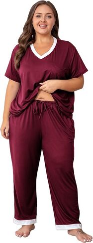 Vozanet Pajama Sets for Women Short Sleeve Long Pants Sleepwear V Neck Chest Pocket PJS Plus Size Drawstring Loungewear in Saudi Arabia