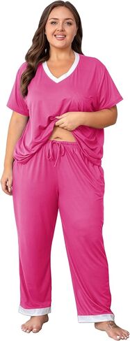 Vozanet Pajama Sets for Women Short Sleeve Long Pants Sleepwear V Neck Chest Pocket PJS Plus Size Drawstring Loungewear in Saudi Arabia