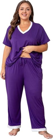 Vozanet Pajama Sets for Women Short Sleeve Long Pants Sleepwear V Neck Chest Pocket PJS Plus Size Drawstring Loungewear in Saudi Arabia