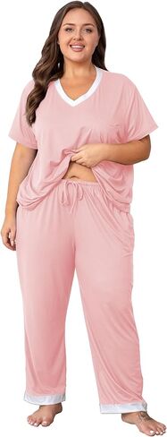 Vozanet Pajama Sets for Women Short Sleeve Long Pants Sleepwear V Neck Chest Pocket PJS Plus Size Drawstring Loungewear in Saudi Arabia