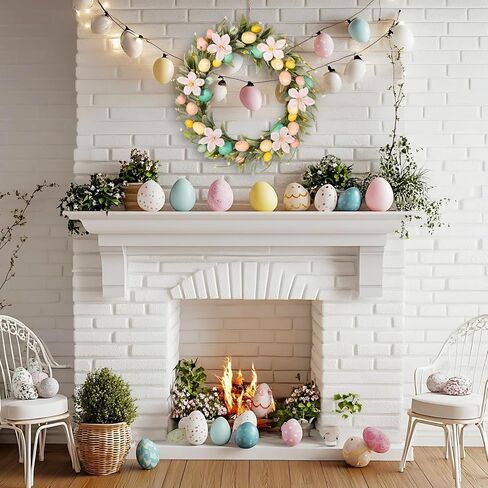 wwmira 18 بوصة اكاليل عيد الفصح للباب الأمامي، اكليلا من بيض الباستيل مع ماغنوليا وأوراق الأذن الخروف، إكليل جدار الأزهار الصغيرة للديكور الداخلي الربيع عيد الفصح الجدول الزينة المركزية in Kuwait
