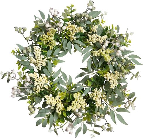Bibelot Eucalyptus Wreath for Front Door 22 Inch, Artificial Green Leaves Wreath with White Berries, Spring Wreaths All Season for Home Porch Wall Window Festival Wedding Decor in Saudi Arabia