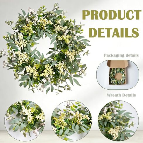 Bibelot Eucalyptus Wreath for Front Door 22 Inch, Artificial Green Leaves Wreath with White Berries, Spring Wreaths All Season for Home Porch Wall Window Festival Wedding Decor in Saudi Arabia