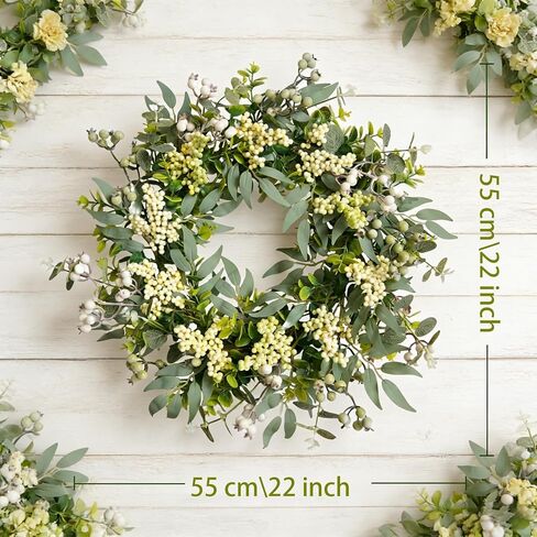 Bibelot Eucalyptus Wreath for Front Door 22 Inch, Artificial Green Leaves Wreath with White Berries, Spring Wreaths All Season for Home Porch Wall Window Festival Wedding Decor in Saudi Arabia