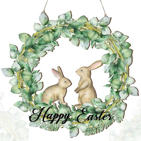 Bucherry Happy Easter Laurel Wreath Bunny Front Door Sign Wooden Easter Wall Art Hanging Flower Bunny Wooden Door Sign Rustic Farmhouse Wall Hanger Decor for Easter Spring Party Indoor Outdoor Home in Saudi Arabia