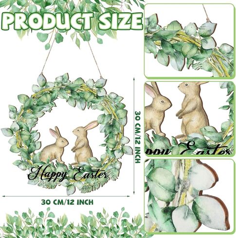 Bucherry Happy Easter Laurel Wreath Bunny Front Door Sign Wooden Easter Wall Art Hanging Flower Bunny Wooden Door Sign Rustic Farmhouse Wall Hanger Decor for Easter Spring Party Indoor Outdoor Home in Saudi Arabia