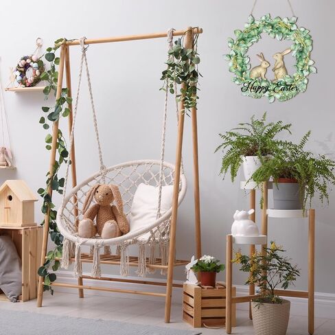 Bucherry Happy Easter Laurel Wreath Bunny Front Door Sign Wooden Easter Wall Art Hanging Flower Bunny Wooden Door Sign Rustic Farmhouse Wall Hanger Decor for Easter Spring Party Indoor Outdoor Home in Saudi Arabia