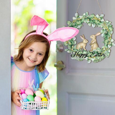 Bucherry Happy Easter Laurel Wreath Bunny Front Door Sign Wooden Easter Wall Art Hanging Flower Bunny Wooden Door Sign Rustic Farmhouse Wall Hanger Decor for Easter Spring Party Indoor Outdoor Home in Saudi Arabia