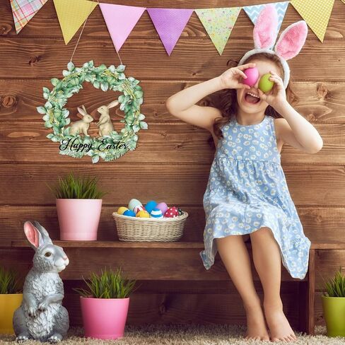 Bucherry Happy Easter Laurel Wreath Bunny Front Door Sign Wooden Easter Wall Art Hanging Flower Bunny Wooden Door Sign Rustic Farmhouse Wall Hanger Decor for Easter Spring Party Indoor Outdoor Home in Saudi Arabia