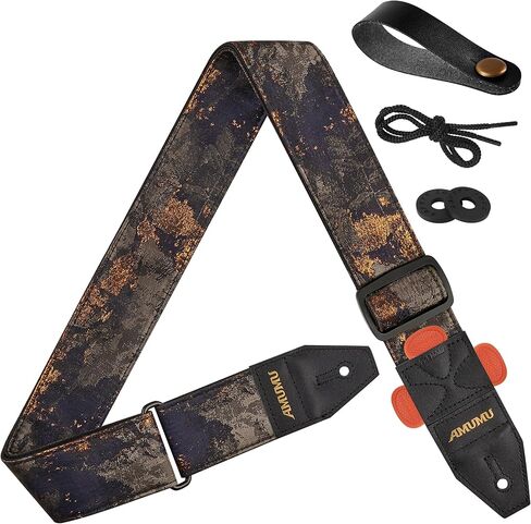 Amumu Brown Lucky Flower Embroidery Guitar Strap - Vintage Style with Top Grain Cowhide Leather Ends & Pick Pocket - Fits Bass, Electric, Acoustic Guitars in Kuwait