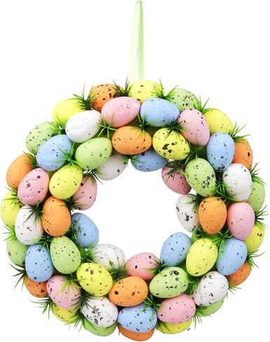 إكليل بيضة عيد الفصح المرقط بالباستيل، تفاصيل العشب الأخضر الاصطناعي، ديكور ربيع احتفالي، 10.5 بوصة in Kuwait