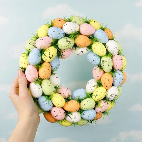 إكليل بيضة عيد الفصح المرقط بالباستيل، تفاصيل العشب الأخضر الاصطناعي، ديكور ربيع احتفالي، 10.5 بوصة in Kuwait