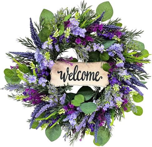 22 Inch Welcome Wreath for Front Door, Artificial Lavender and Eucalyptus Wreath for Spring Summer, Farmhouse Porch Decor Purple Floral Front Door Decoration for Wall Door Farmhouse in Saudi Arabia