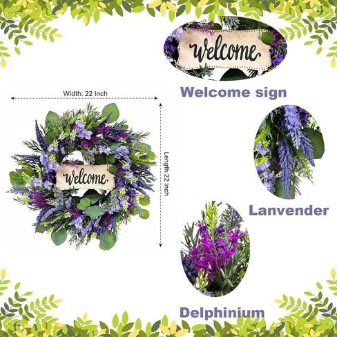 22 Inch Welcome Wreath for Front Door, Artificial Lavender and Eucalyptus Wreath for Spring Summer, Farmhouse Porch Decor Purple Floral Front Door Decoration for Wall Door Farmhouse in Saudi Arabia