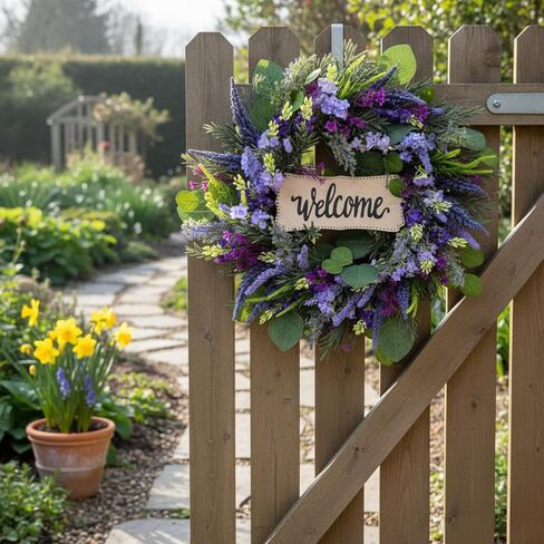 22 Inch Welcome Wreath for Front Door, Artificial Lavender and Eucalyptus Wreath for Spring Summer, Farmhouse Porch Decor Purple Floral Front Door Decoration for Wall Door Farmhouse in Saudi Arabia