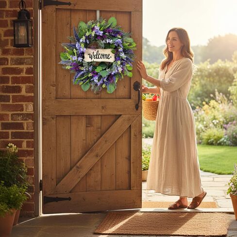 22 Inch Welcome Wreath for Front Door, Artificial Lavender and Eucalyptus Wreath for Spring Summer, Farmhouse Porch Decor Purple Floral Front Door Decoration for Wall Door Farmhouse in Saudi Arabia