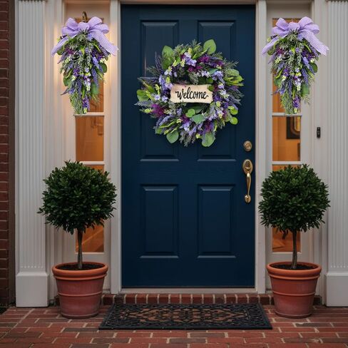 22 Inch Welcome Wreath for Front Door, Artificial Lavender and Eucalyptus Wreath for Spring Summer, Farmhouse Porch Decor Purple Floral Front Door Decoration for Wall Door Farmhouse in Saudi Arabia