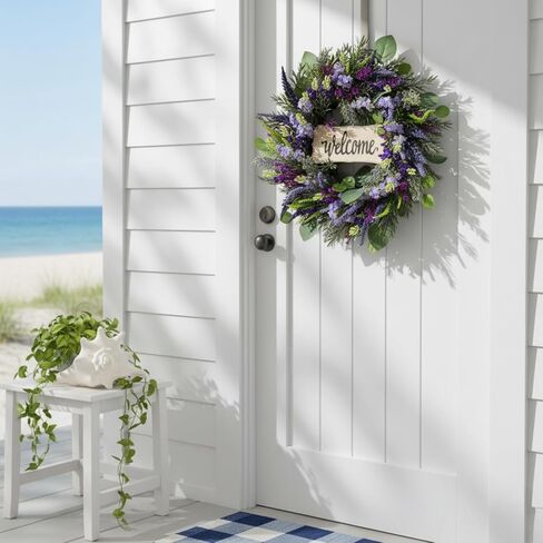22 Inch Welcome Wreath for Front Door, Artificial Lavender and Eucalyptus Wreath for Spring Summer, Farmhouse Porch Decor Purple Floral Front Door Decoration for Wall Door Farmhouse in Saudi Arabia