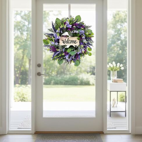 22 Inch Welcome Wreath for Front Door, Artificial Lavender and Eucalyptus Wreath for Spring Summer, Farmhouse Porch Decor Purple Floral Front Door Decoration for Wall Door Farmhouse in Saudi Arabia