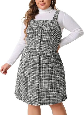 Agnes Orinda Plus Size Suspender Dresses for Women High Waist Tweed Single-Breasted Overall Dress in Saudi Arabia