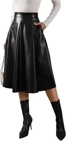 GORGLITTER Women's Leather Aline Midi Skirts Y2k Casual Trendy High Waisted Going Out Outfits Maxi Skirt with Pockets in Saudi Arabia