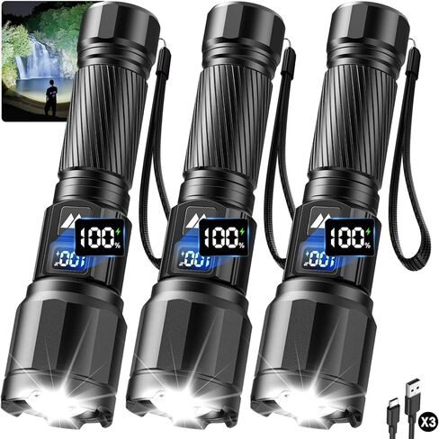 3 عبوات من المصابيح الكاشفة القابلة لإعادة الشحن، لومن عالي، مصباح يدوي تكتيكي LED فائق السطوع مع شاشة عرض طاقة LCD، مصابيح قابلة للتكبير 15 ساعة + وقت التشغيل، مصابيح يدوية مقاومة للماء IP65 للتخييم في حالات الطوارئ المنزلية in Kuwait