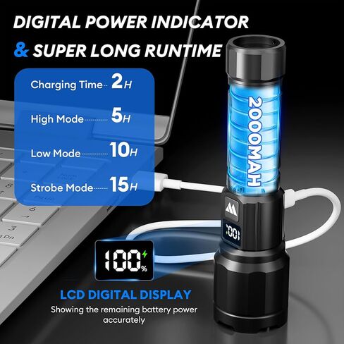 3 عبوات من المصابيح الكاشفة القابلة لإعادة الشحن، لومن عالي، مصباح يدوي تكتيكي LED فائق السطوع مع شاشة عرض طاقة LCD، مصابيح قابلة للتكبير 15 ساعة + وقت التشغيل، مصابيح يدوية مقاومة للماء IP65 للتخييم في حالات الطوارئ المنزلية in Kuwait
