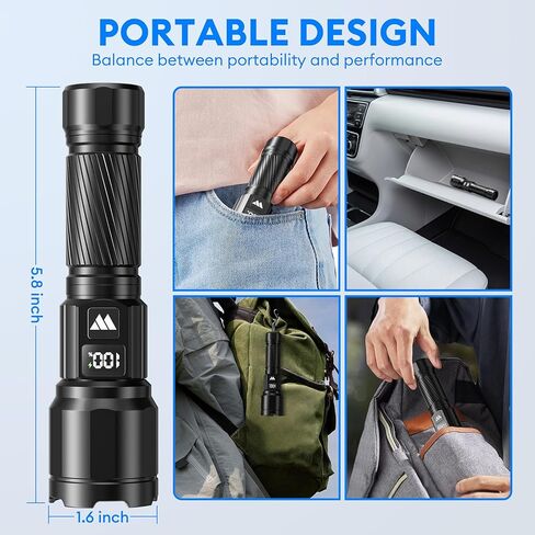 3 عبوات من المصابيح الكاشفة القابلة لإعادة الشحن، لومن عالي، مصباح يدوي تكتيكي LED فائق السطوع مع شاشة عرض طاقة LCD، مصابيح قابلة للتكبير 15 ساعة + وقت التشغيل، مصابيح يدوية مقاومة للماء IP65 للتخييم في حالات الطوارئ المنزلية in Kuwait