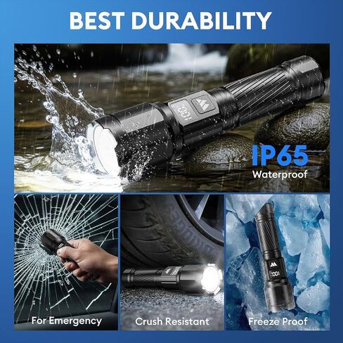 3 عبوات من المصابيح الكاشفة القابلة لإعادة الشحن، لومن عالي، مصباح يدوي تكتيكي LED فائق السطوع مع شاشة عرض طاقة LCD، مصابيح قابلة للتكبير 15 ساعة + وقت التشغيل، مصابيح يدوية مقاومة للماء IP65 للتخييم في حالات الطوارئ المنزلية in Kuwait