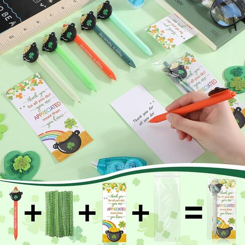 50 Sets St. Patrick's Day Pens Bulk Appreciation Gifts Shamrock Coin Pens Include Greeting Card with Tie and Happy St. Patrick's Day Ballpoint for Friends Office Coworkers(Coin Pot) in Saudi Arabia